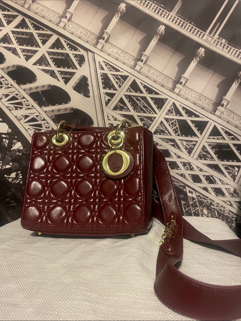 Christian Dior Burgundy Quilted Patent Leather Crossbody with Gold D-Ring Charm